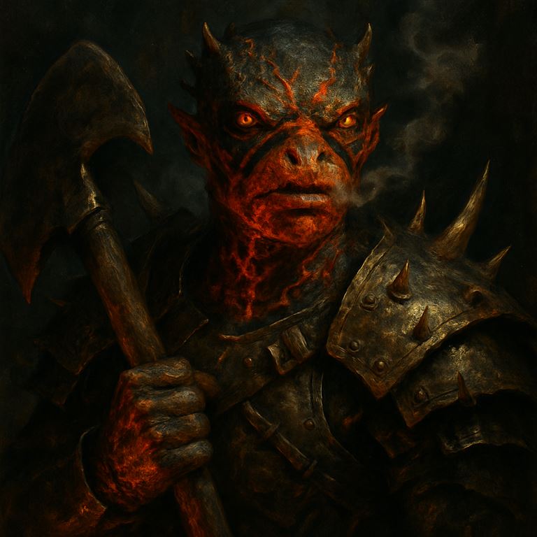 Painted portrait: an Emberborn Marauder in spiked bone-and-iron armor
